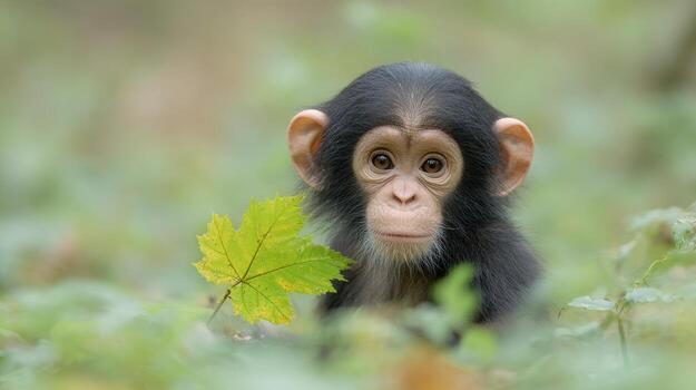 young-chimpanzee-with-leaf-in-natural-habitat-wildlife-and-conservation-awareness-photo